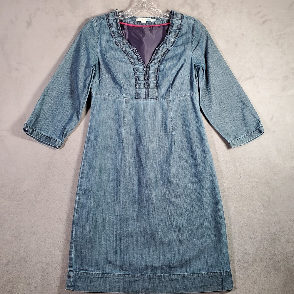 Boden Denim Dress Womens 2 Blue 3/4 Sleeve Ruffle Empire Waist Cottagecore‎ Prep